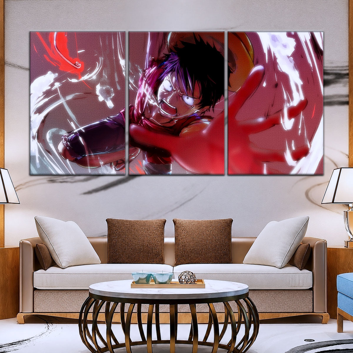 One Piece Canvas Wall Art - Luffy's Fierce Reach 5 Piece Split Panel Anime Poster - Framed Ready to Hang Living Room & Man Cave Decor - OP5037