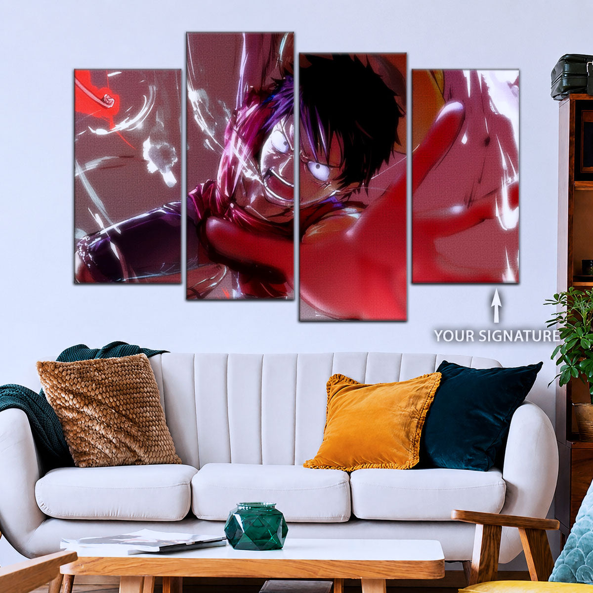One Piece Canvas Wall Art - Luffy's Fierce Reach 5 Piece Split Panel Anime Poster - Framed Ready to Hang Living Room & Man Cave Decor - OP5037