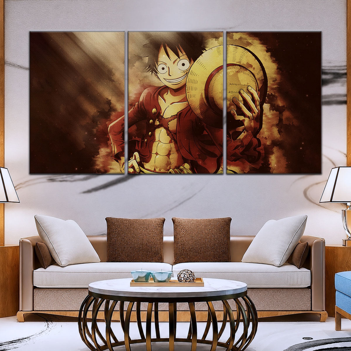 One Piece Canvas Wall Art - Monkey D. Luffy 5 Piece Split Panel Anime Poster - Framed Ready to Hang Living Room & Man Cave Decor - OP5038