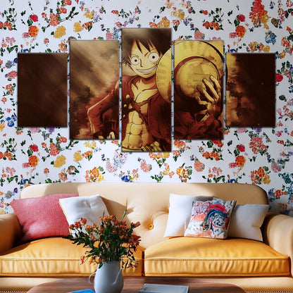 One Piece Canvas Wall Art - Monkey D. Luffy 5 Piece Split Panel Anime Poster - Framed Ready to Hang Living Room & Man Cave Decor - OP5038