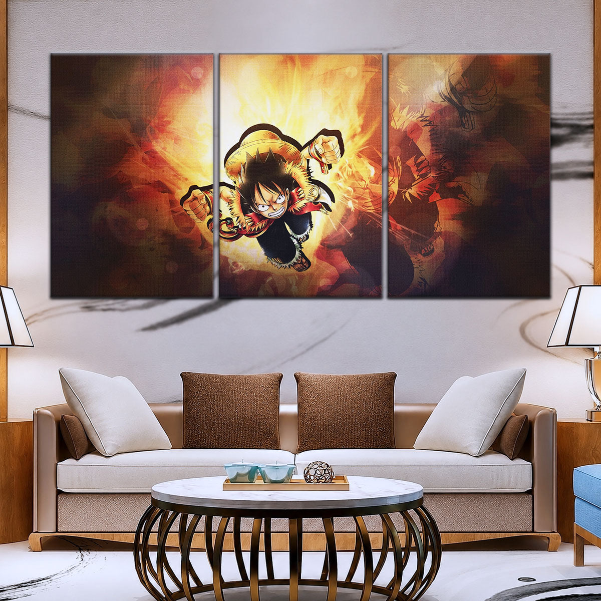 One Piece Canvas Wall Art - Monkey D. Luffy 5 Piece Split Panel Anime Poster - Framed Ready to Hang Living Room & Man Cave Decor - OP5039