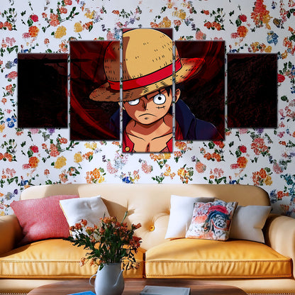 One Piece Canvas Wall Art - Monkey D. Luffy 5 Piece Split Panel Anime Poster - Framed Ready to Hang Living Room & Man Cave Decor - OP5040