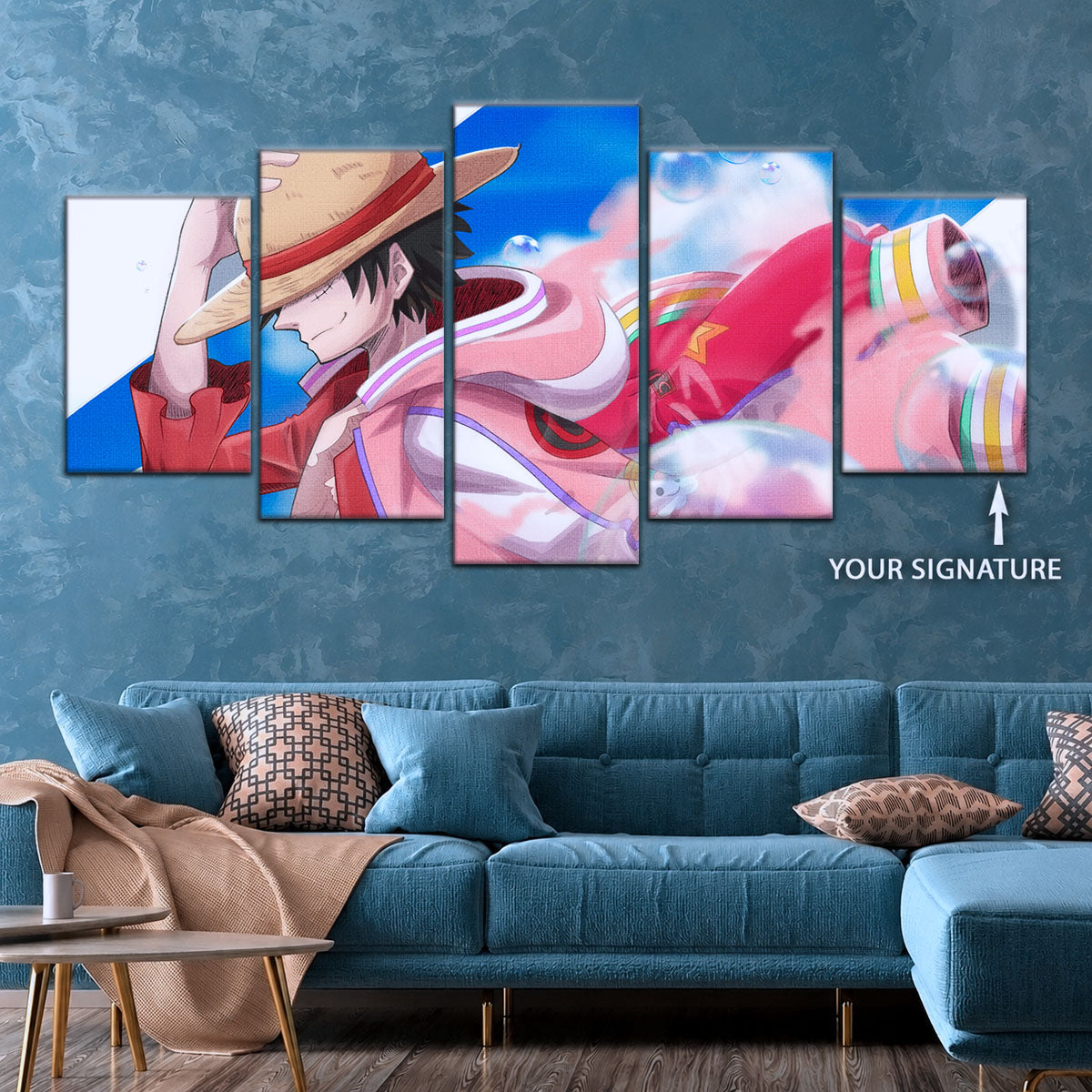 One Piece Canvas Wall Art - Monkey D. Luffy 5 Piece Split Panel Anime Poster - Framed Ready to Hang Living Room & Man Cave Decor - OP5042