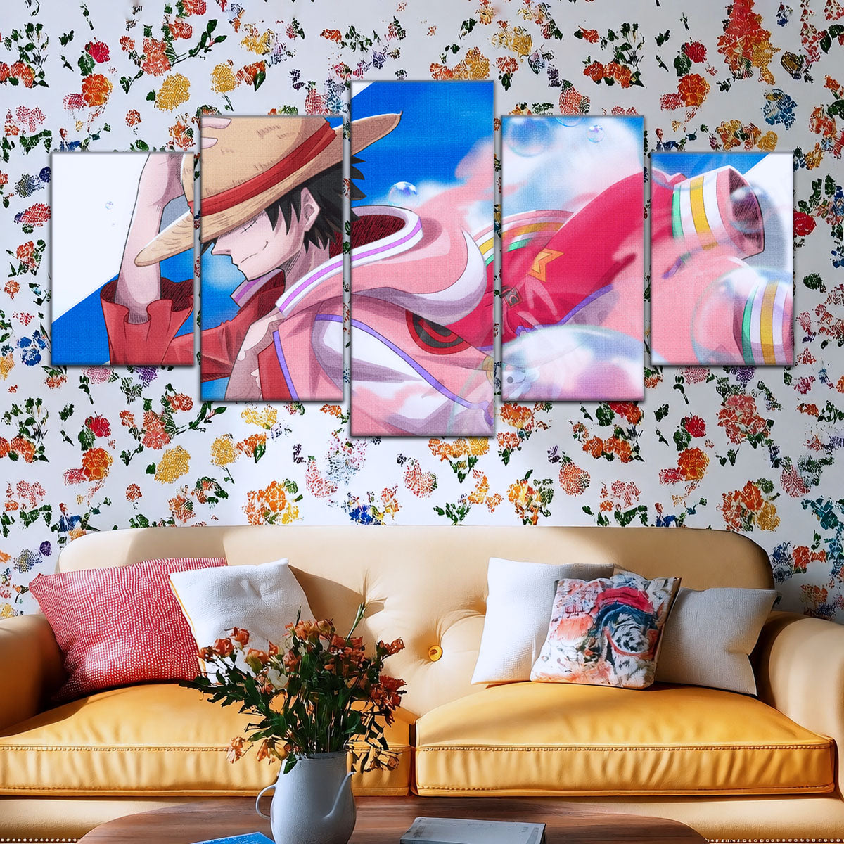 One Piece Canvas Wall Art - Monkey D. Luffy 5 Piece Split Panel Anime Poster - Framed Ready to Hang Living Room & Man Cave Decor - OP5042