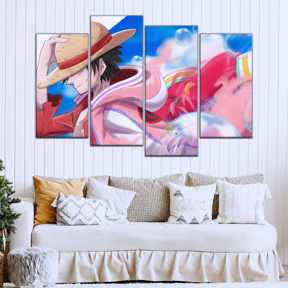 One Piece Canvas Wall Art - Monkey D. Luffy 5 Piece Split Panel Anime Poster - Framed Ready to Hang Living Room & Man Cave Decor - OP5042