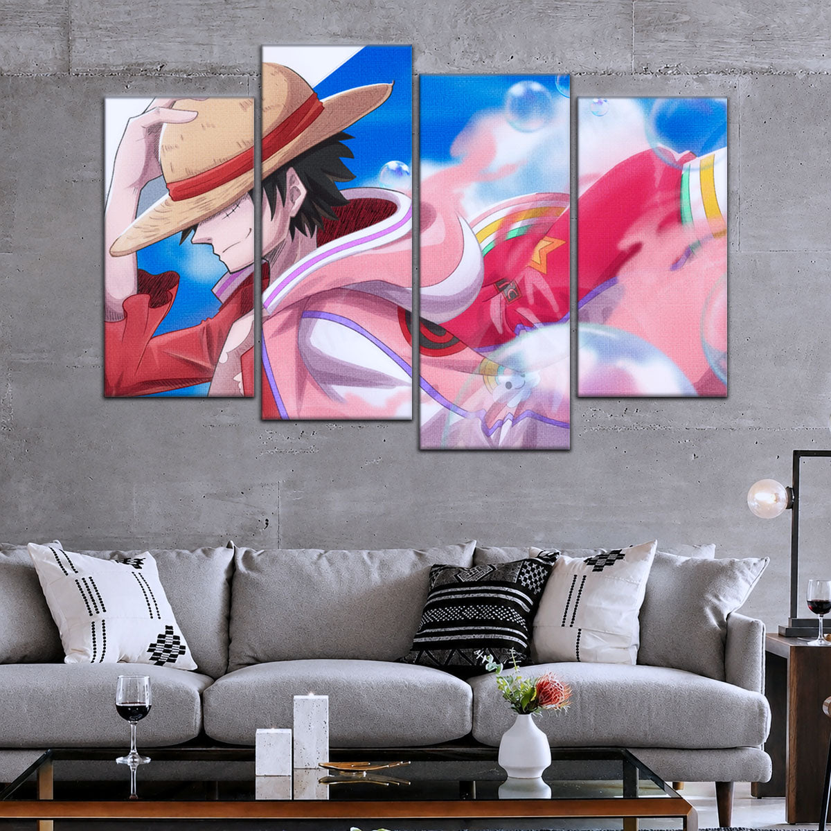 One Piece Canvas Wall Art - Monkey D. Luffy 5 Piece Split Panel Anime Poster - Framed Ready to Hang Living Room & Man Cave Decor - OP5042