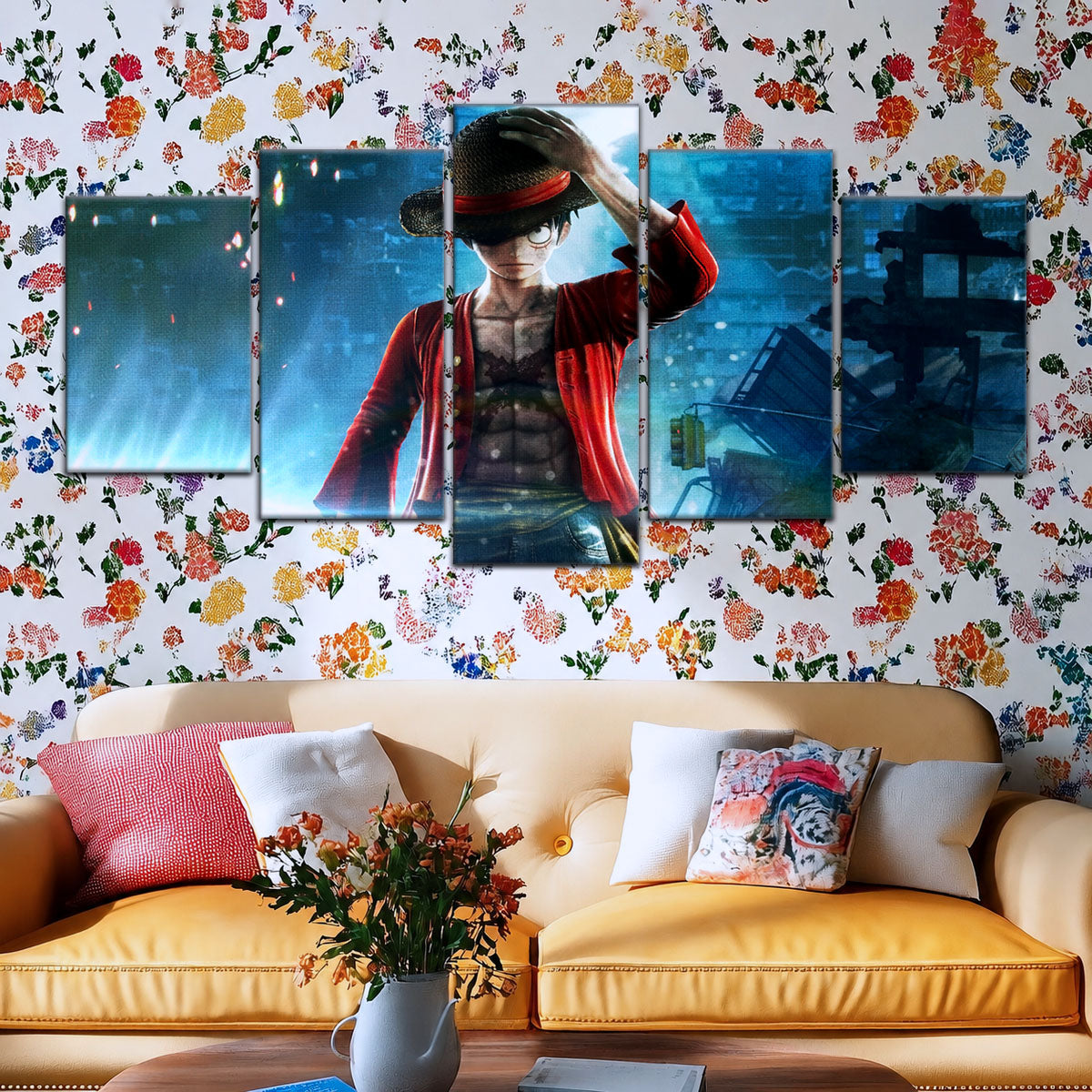 One Piece Canvas Wall Art - Monkey D. Luffy 5 Piece Split Panel Anime Poster - Framed Ready to Hang Living Room & Man Cave Decor - OP5043