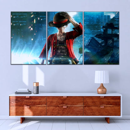 One Piece Canvas Wall Art - Monkey D. Luffy 5 Piece Split Panel Anime Poster - Framed Ready to Hang Living Room & Man Cave Decor - OP5043
