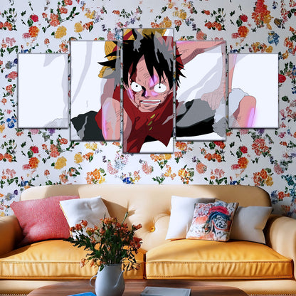 One Piece Canvas Wall Art - Monkey D. Luffy 5 Piece Split Panel Anime Poster - Framed Ready to Hang Living Room & Man Cave Decor - OP5044