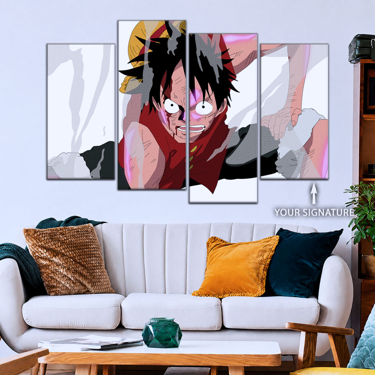 One Piece Canvas Wall Art - Monkey D. Luffy 5 Piece Split Panel Anime Poster - Framed Ready to Hang Living Room & Man Cave Decor - OP5044