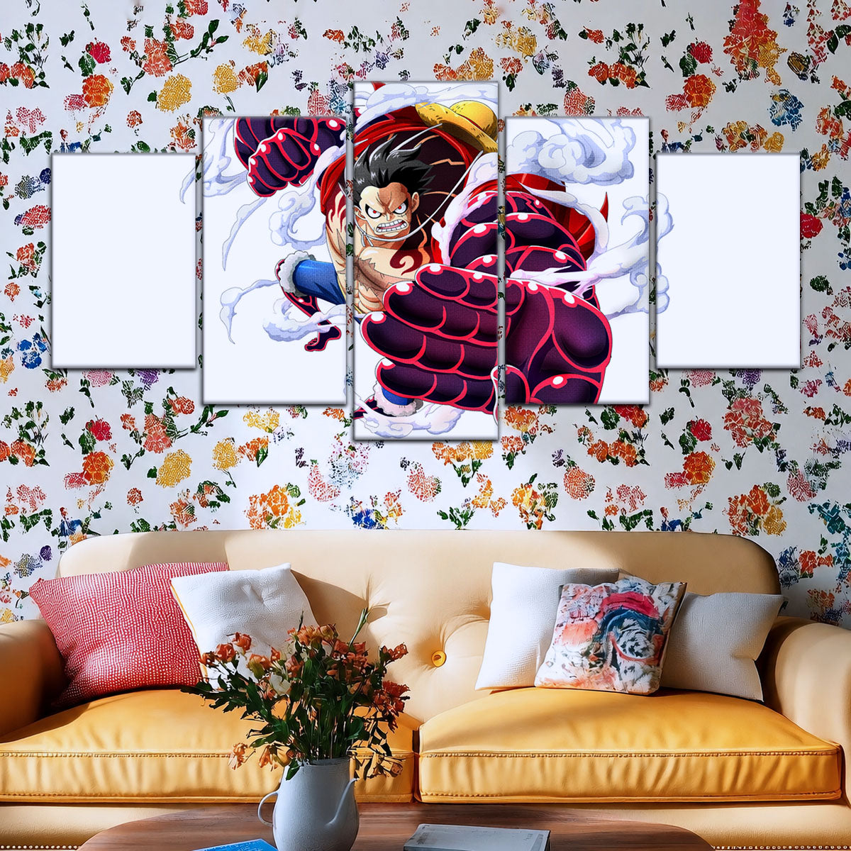 One Piece Canvas Wall Art - Gear Fourth Luffy Unleashed 5 Piece Split Panel Anime Poster - Framed Ready to Hang Living Room & Man Cave Decor - OP5047