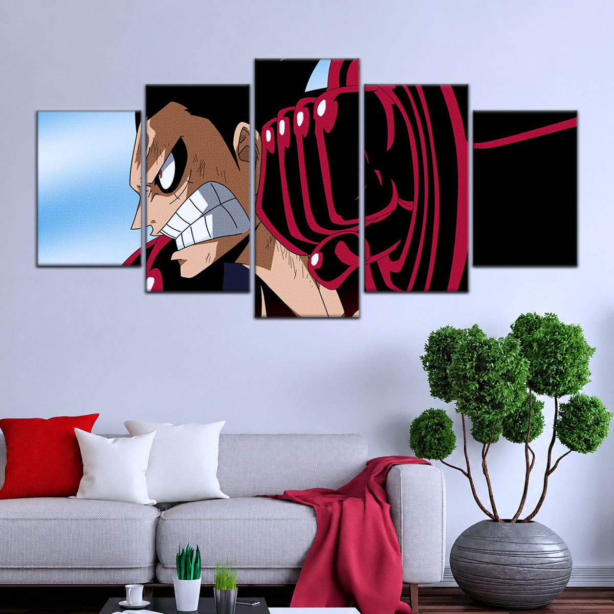 One Piece Canvas Wall Art - Gear Fourth Luffy Unleashed 5 Piece Split Panel Anime Poster - Framed Ready to Hang Living Room & Man Cave Decor - OP5049
