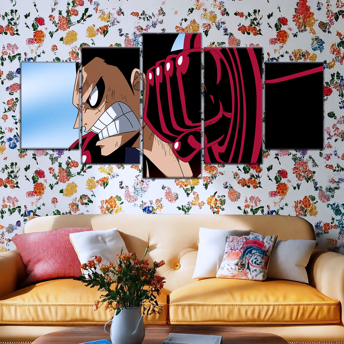 One Piece Canvas Wall Art - Gear Fourth Luffy Unleashed 5 Piece Split Panel Anime Poster - Framed Ready to Hang Living Room & Man Cave Decor - OP5049