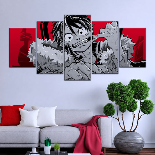 One Piece Canvas Wall Art - Monkey D. Luffy 5 Piece Split Panel Anime Poster - Framed Ready to Hang Living Room & Man Cave Decor - OP5050