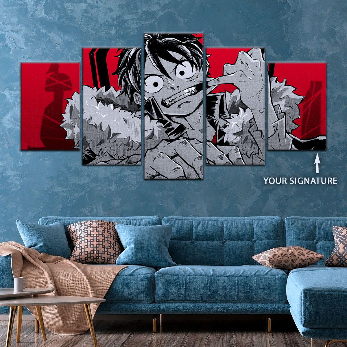 One Piece Canvas Wall Art - Monkey D. Luffy 5 Piece Split Panel Anime Poster - Framed Ready to Hang Living Room & Man Cave Decor - OP5050