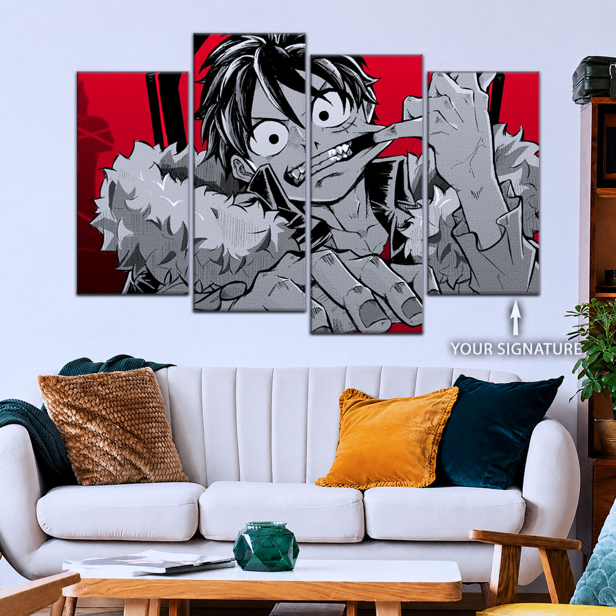 One Piece Canvas Wall Art - Monkey D. Luffy 5 Piece Split Panel Anime Poster - Framed Ready to Hang Living Room & Man Cave Decor - OP5050