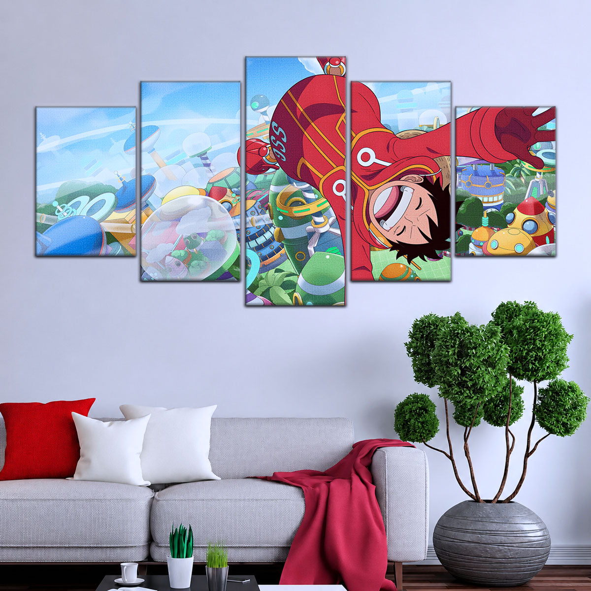 One Piece Canvas Wall Art - Monkey D. Luffy 5 Piece Split Panel Anime Poster - Framed Ready to Hang Living Room & Man Cave Decor - OP5051