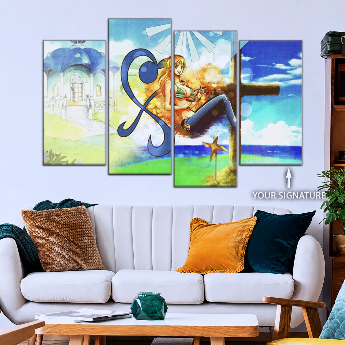 One Piece Canvas Wall Art - Nami Cat Burglar 5 Piece Split Panel Anime Poster - Framed Ready to Hang Living Room & Man Cave Decor - OP5052