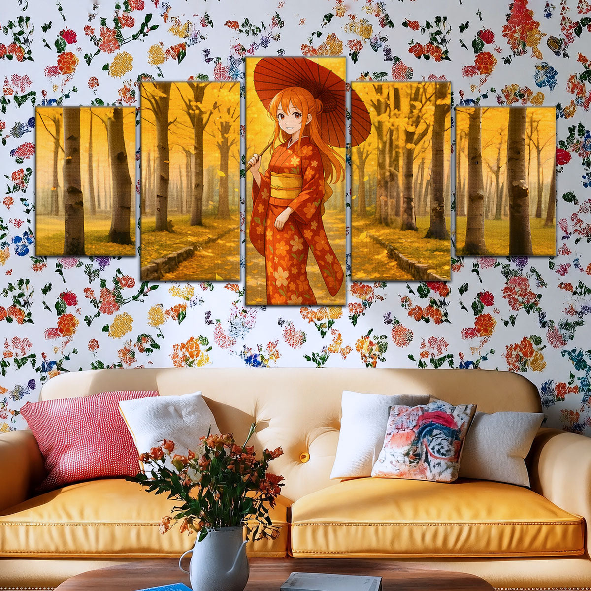 One Piece Canvas Wall Art - Nami Cat Burglar 5 Piece Split Panel Anime Poster - Framed Ready to Hang Living Room & Man Cave Decor - OP5053