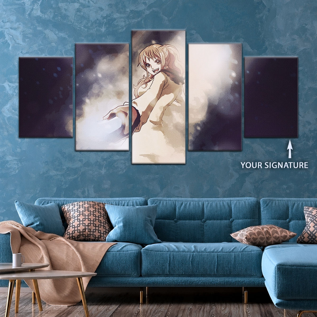 One Piece Canvas Wall Art - Nami Cat Burglar 5 Piece Split Panel Anime Poster - Framed Ready to Hang Living Room & Man Cave Decor - OP5054