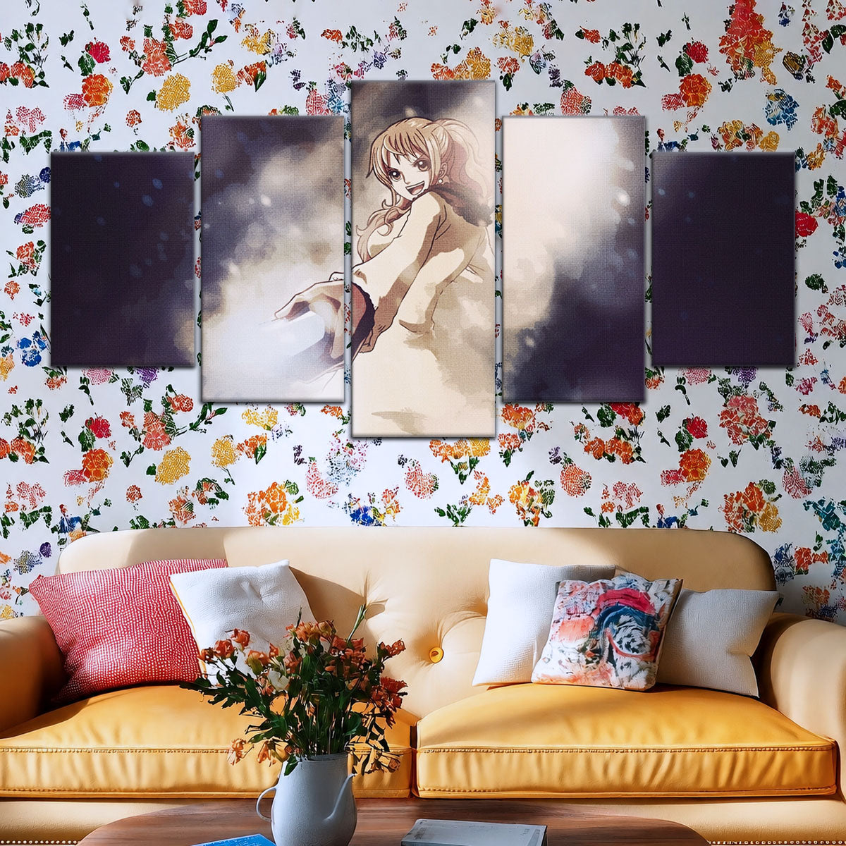 One Piece Canvas Wall Art - Nami Cat Burglar 5 Piece Split Panel Anime Poster - Framed Ready to Hang Living Room & Man Cave Decor - OP5054