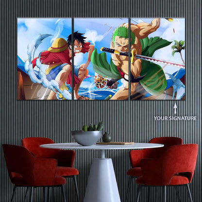 One Piece Canvas Wall Art - Luffy & Zoro 5 Piece Split Panel Anime Poster - Framed Ready to Hang Living Room & Man Cave Decor - OP5057