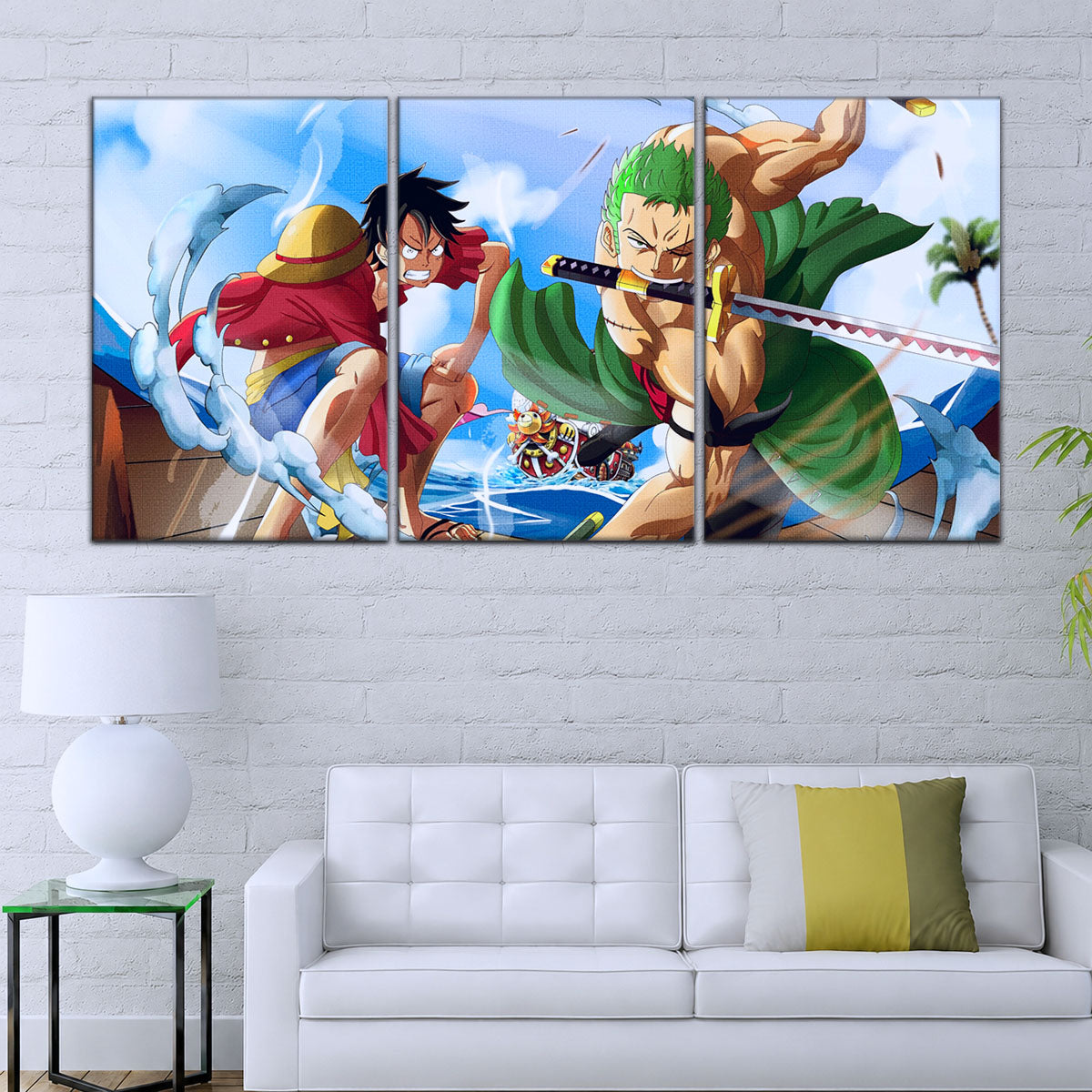One Piece Canvas Wall Art - Luffy & Zoro 5 Piece Split Panel Anime Poster - Framed Ready to Hang Living Room & Man Cave Decor - OP5057