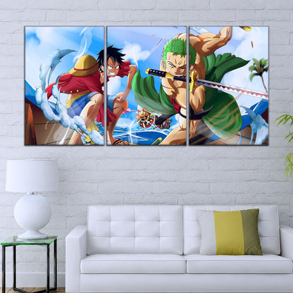 One Piece Canvas Wall Art - Luffy & Zoro 5 Piece Split Panel Anime Poster - Framed Ready to Hang Living Room & Man Cave Decor - OP5057