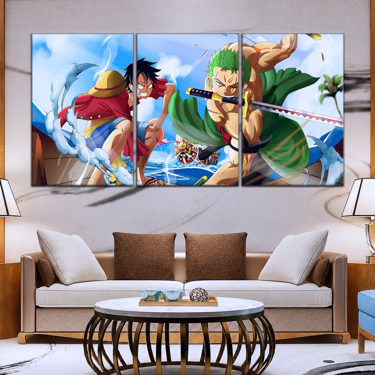One Piece Canvas Wall Art - Luffy & Zoro 5 Piece Split Panel Anime Poster - Framed Ready to Hang Living Room & Man Cave Decor - OP5057
