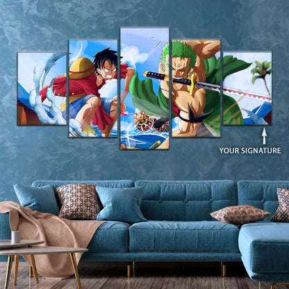One Piece Canvas Wall Art - Luffy & Zoro 5 Piece Split Panel Anime Poster - Framed Ready to Hang Living Room & Man Cave Decor - OP5057