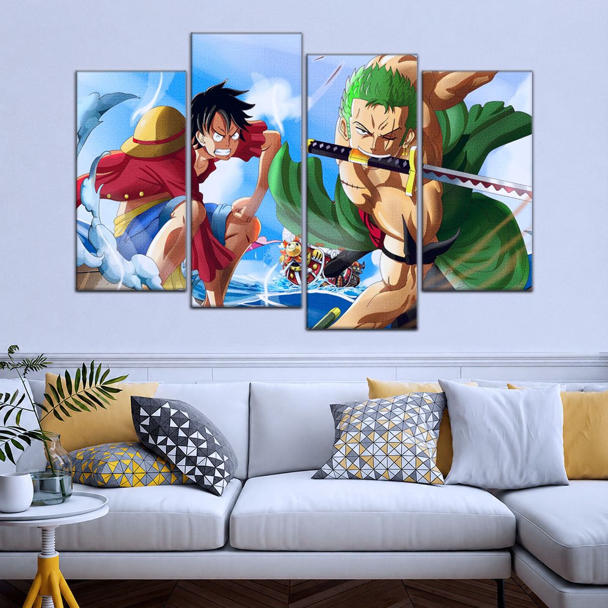 One Piece Canvas Wall Art - Luffy & Zoro 5 Piece Split Panel Anime Poster - Framed Ready to Hang Living Room & Man Cave Decor - OP5057