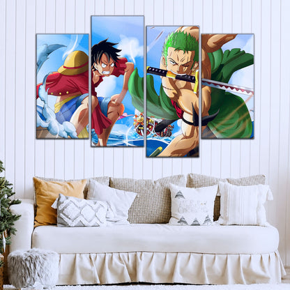 One Piece Canvas Wall Art - Luffy & Zoro 5 Piece Split Panel Anime Poster - Framed Ready to Hang Living Room & Man Cave Decor - OP5057
