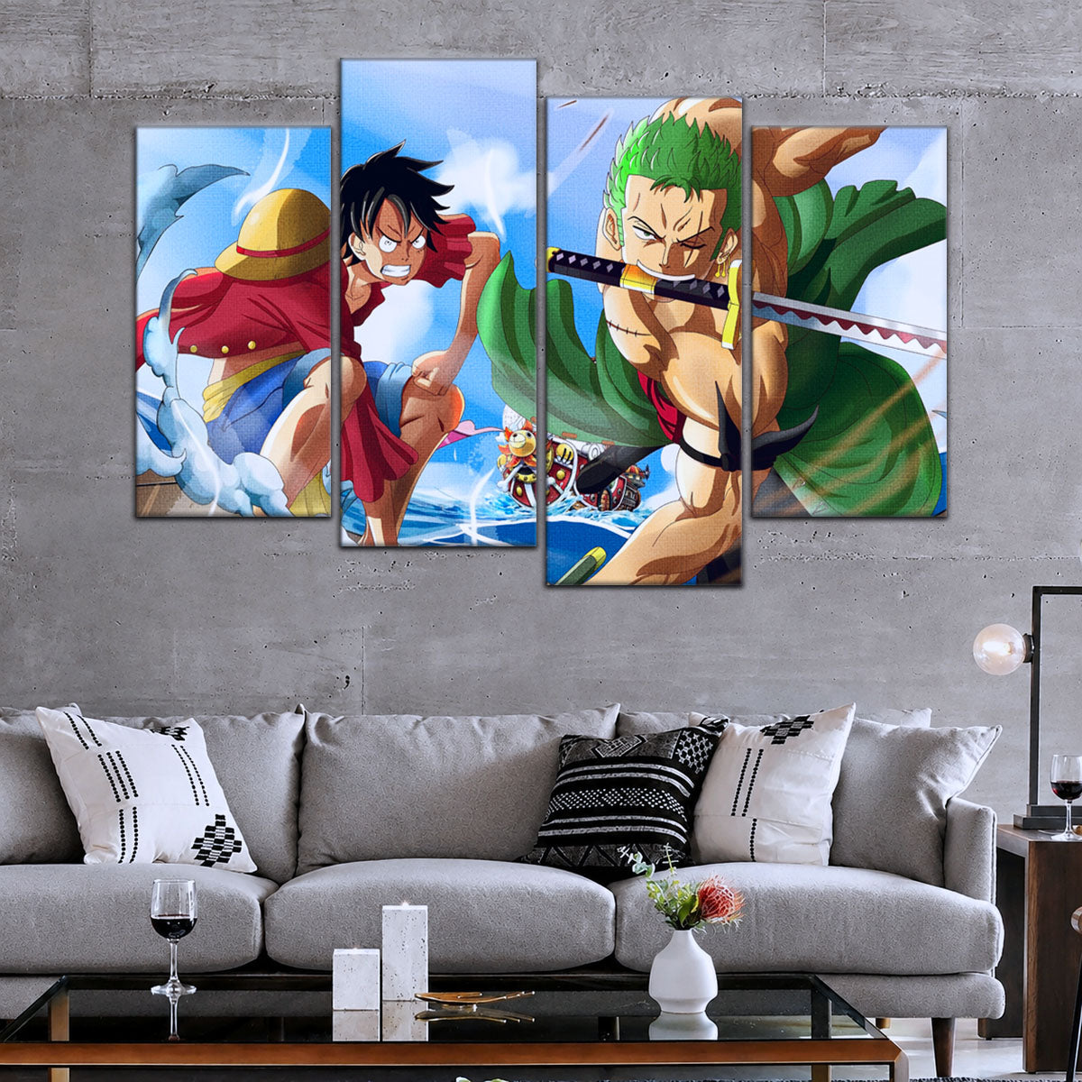 One Piece Canvas Wall Art - Luffy & Zoro 5 Piece Split Panel Anime Poster - Framed Ready to Hang Living Room & Man Cave Decor - OP5057