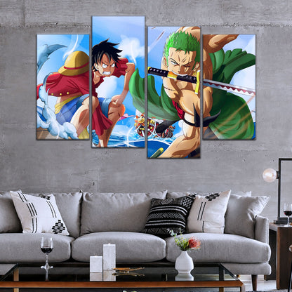 One Piece Canvas Wall Art - Luffy & Zoro 5 Piece Split Panel Anime Poster - Framed Ready to Hang Living Room & Man Cave Decor - OP5057