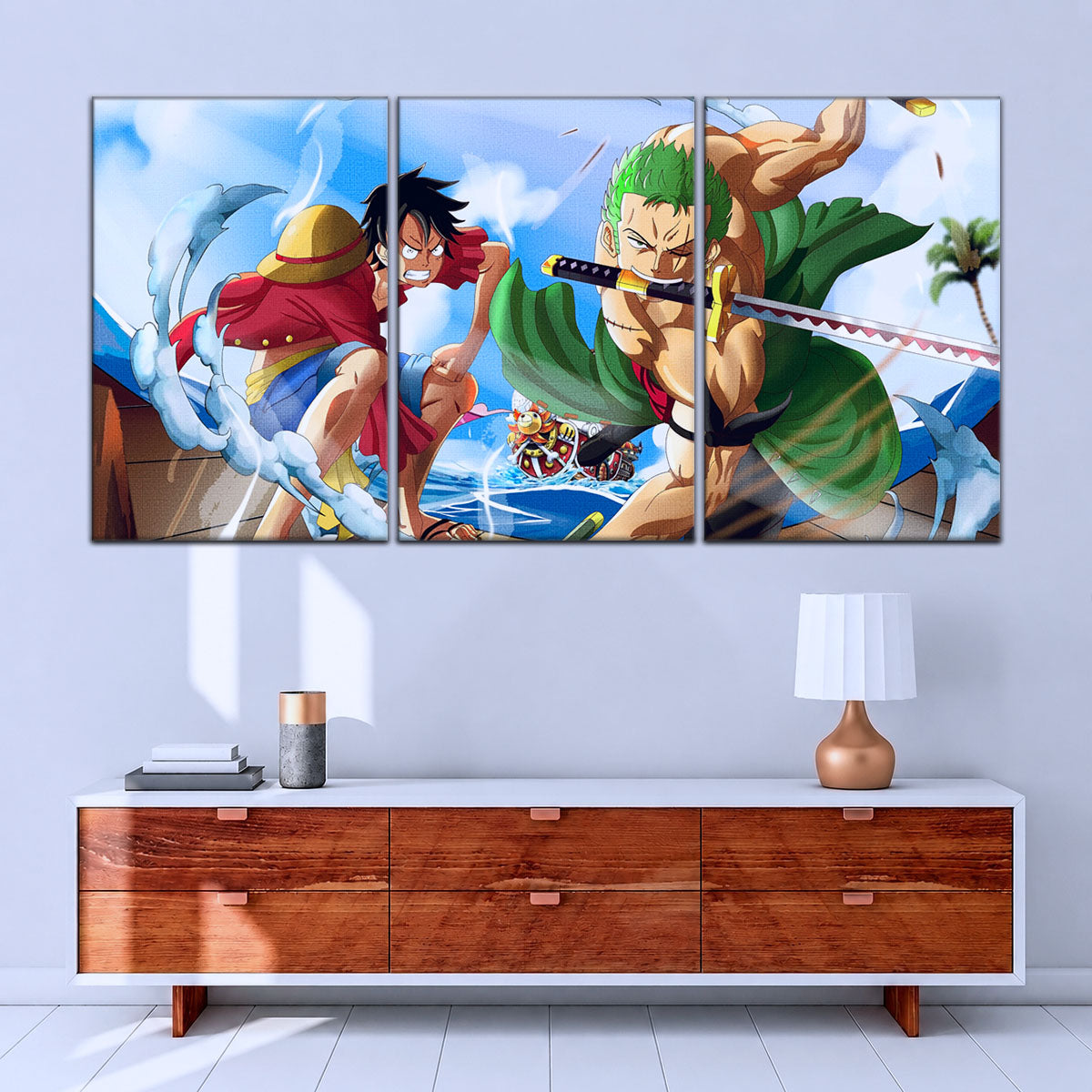 One Piece Canvas Wall Art - Luffy & Zoro 5 Piece Split Panel Anime Poster - Framed Ready to Hang Living Room & Man Cave Decor - OP5057