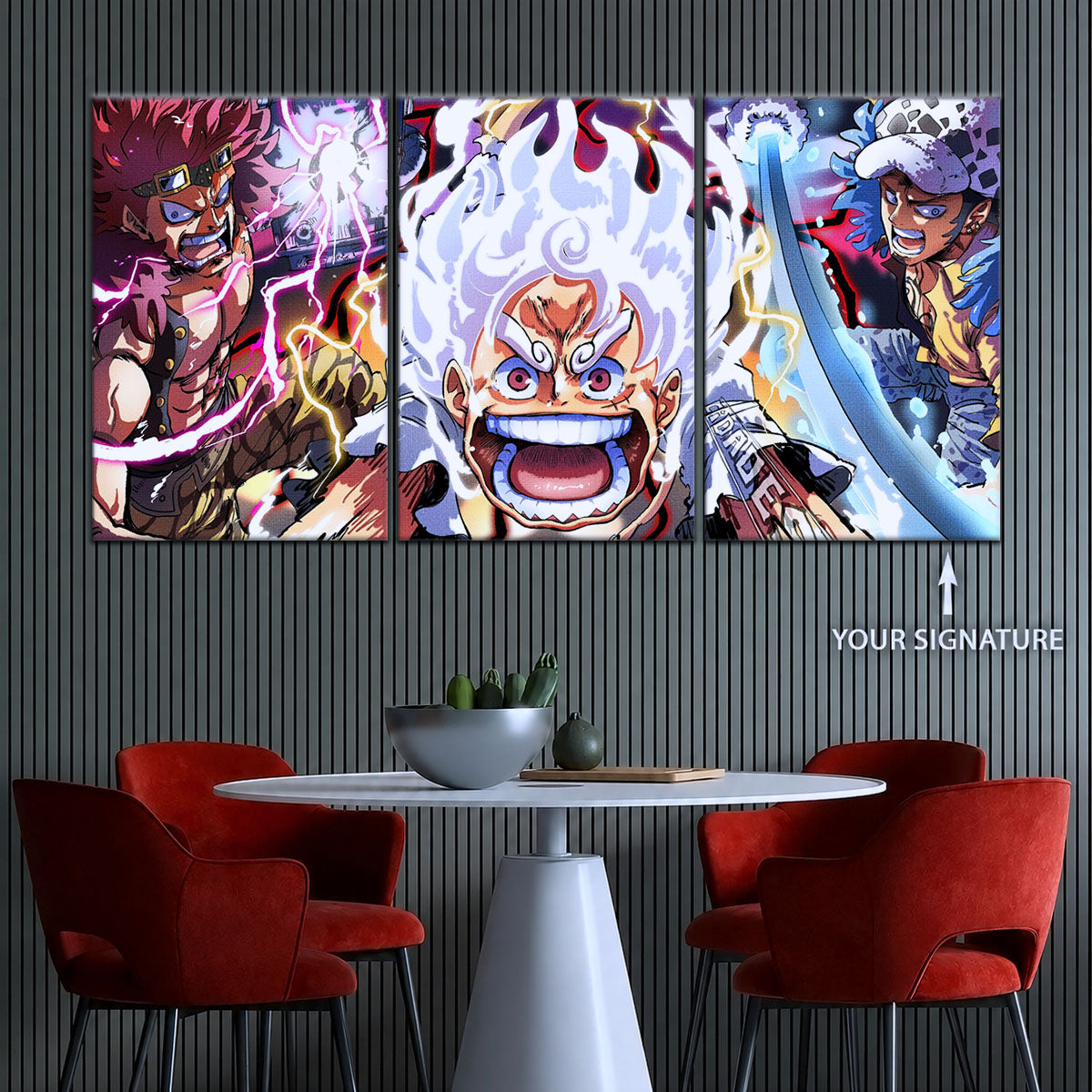 One Piece Canvas Wall Art - Luffy Gear 5, Law & Kid 5 Piece Split Panel Anime Poster - Framed Ready to Hang Living Room & Man Cave Decor - OP5058