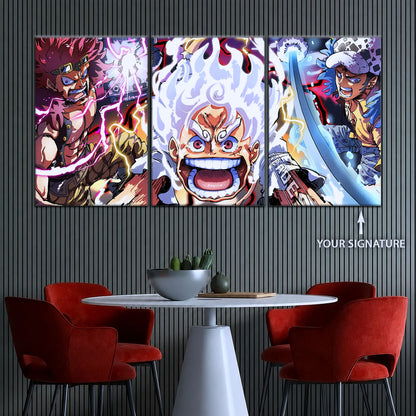 One Piece Canvas Wall Art - Luffy Gear 5, Law & Kid 5 Piece Split Panel Anime Poster - Framed Ready to Hang Living Room & Man Cave Decor - OP5058