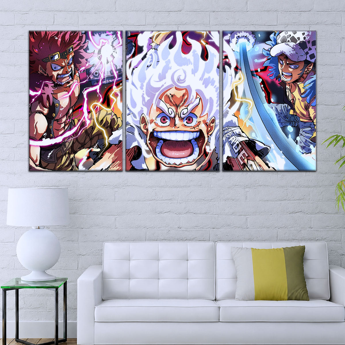 One Piece Canvas Wall Art - Luffy Gear 5, Law & Kid 5 Piece Split Panel Anime Poster - Framed Ready to Hang Living Room & Man Cave Decor - OP5058
