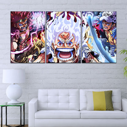 One Piece Canvas Wall Art - Luffy Gear 5, Law & Kid 5 Piece Split Panel Anime Poster - Framed Ready to Hang Living Room & Man Cave Decor - OP5058