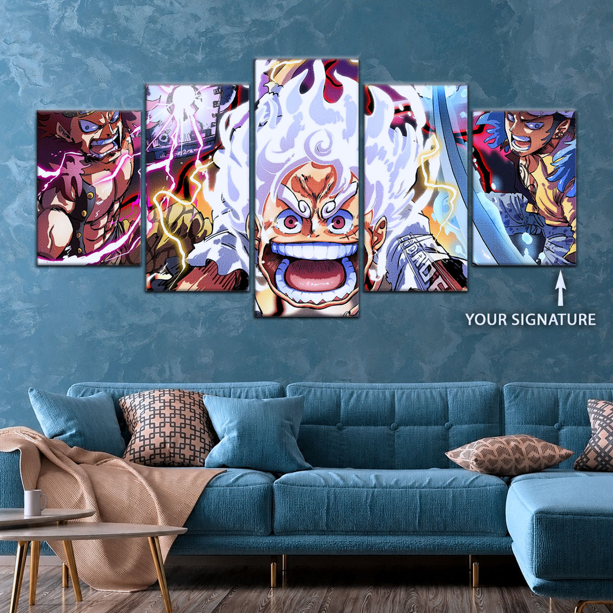 One Piece Canvas Wall Art - Luffy Gear 5, Law & Kid 5 Piece Split Panel Anime Poster - Framed Ready to Hang Living Room & Man Cave Decor - OP5058