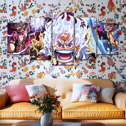 One Piece Canvas Wall Art - Luffy Gear 5, Law & Kid 5 Piece Split Panel Anime Poster - Framed Ready to Hang Living Room & Man Cave Decor - OP5058