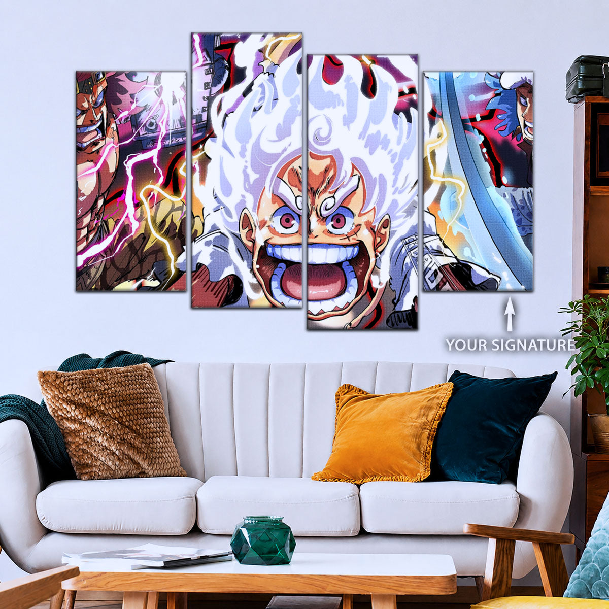 One Piece Canvas Wall Art - Luffy Gear 5, Law & Kid 5 Piece Split Panel Anime Poster - Framed Ready to Hang Living Room & Man Cave Decor - OP5058