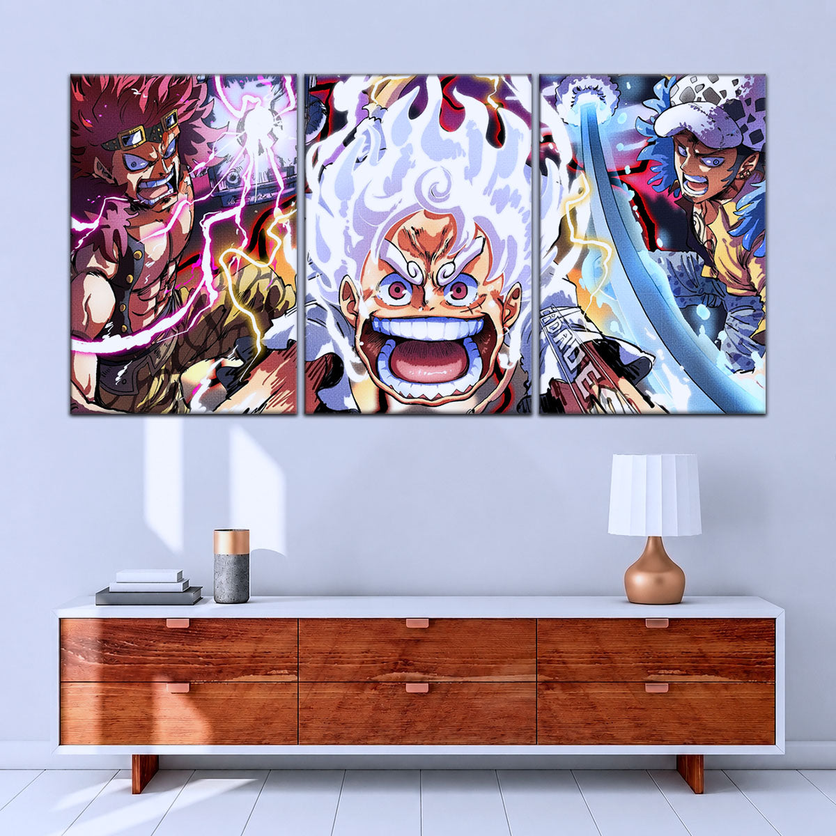 One Piece Canvas Wall Art - Luffy Gear 5, Law & Kid 5 Piece Split Panel Anime Poster - Framed Ready to Hang Living Room & Man Cave Decor - OP5058