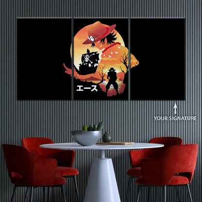 One Piece Canvas Wall Art - Portgas D. Ace Fire Fist 5 Piece Split Panel Anime Poster - Framed Ready to Hang Living Room & Man Cave Decor - OP5059