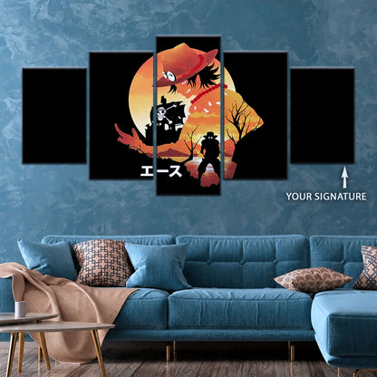 One Piece Canvas Wall Art - Portgas D. Ace Fire Fist 5 Piece Split Panel Anime Poster - Framed Ready to Hang Living Room & Man Cave Decor - OP5059