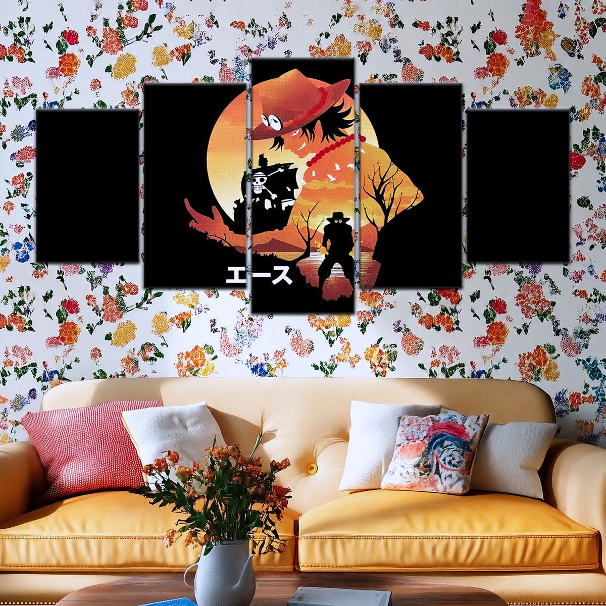 One Piece Canvas Wall Art - Portgas D. Ace Fire Fist 5 Piece Split Panel Anime Poster - Framed Ready to Hang Living Room & Man Cave Decor - OP5059