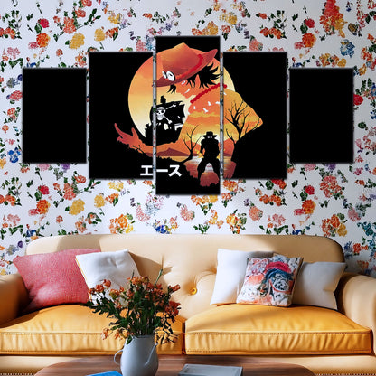 One Piece Canvas Wall Art - Portgas D. Ace Fire Fist 5 Piece Split Panel Anime Poster - Framed Ready to Hang Living Room & Man Cave Decor - OP5059