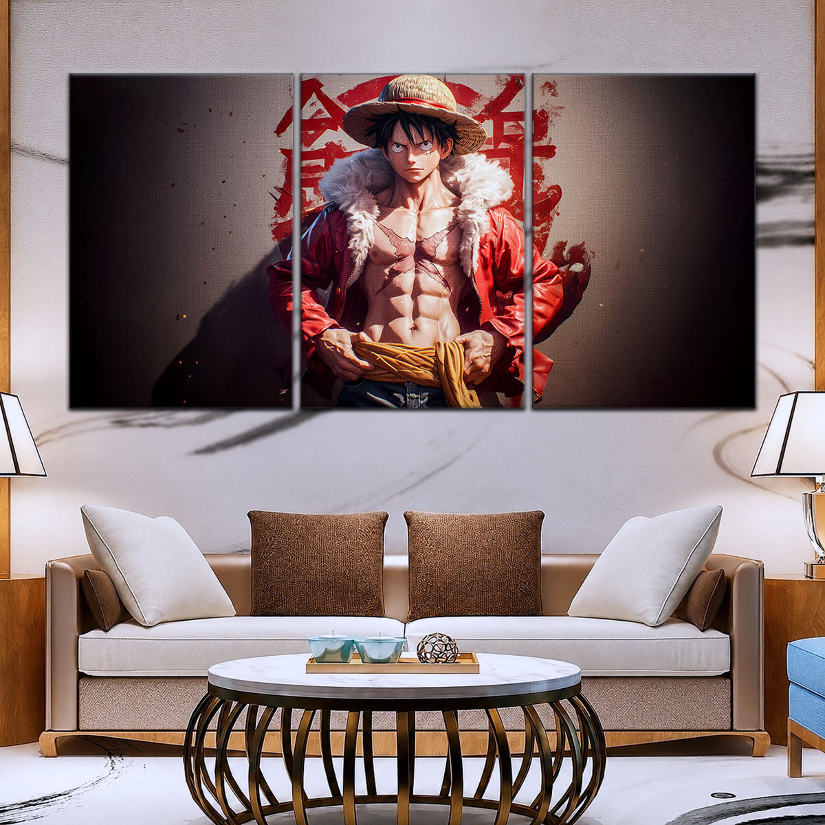 One Piece Canvas Wall Art - Monkey D. Luffy 5 Piece Split Panel Anime Poster - Framed Ready to Hang Living Room & Man Cave Decor - OP5060