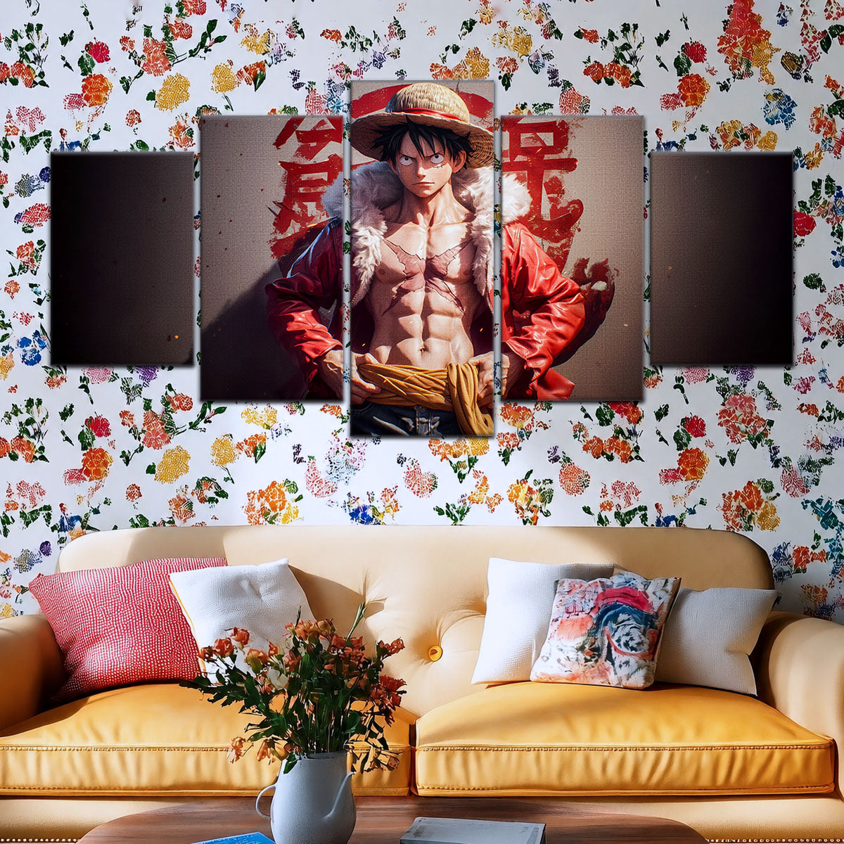 One Piece Canvas Wall Art - Monkey D. Luffy 5 Piece Split Panel Anime Poster - Framed Ready to Hang Living Room & Man Cave Decor - OP5060