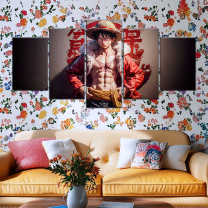 One Piece Canvas Wall Art - Monkey D. Luffy 5 Piece Split Panel Anime Poster - Framed Ready to Hang Living Room & Man Cave Decor - OP5060